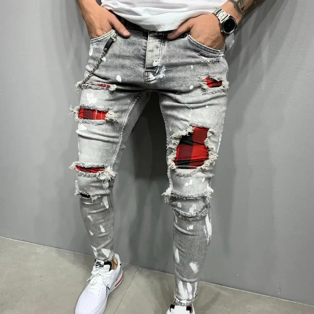 Men Painted Stretch Skinny Jeans Slim Fit Ripped Distressed Pleated Knee Patch Denim Pants Brand Casual Trousers For Masculina