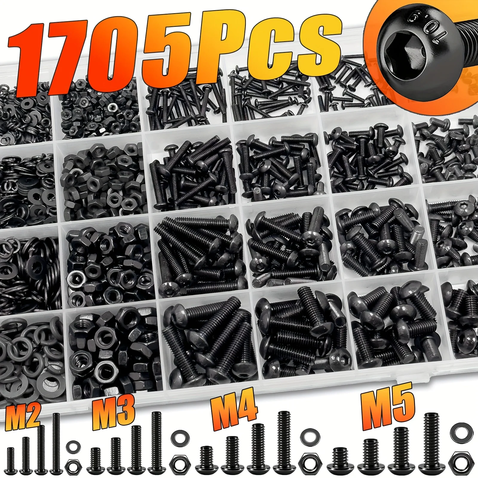 

Набор из 1705 шестигранных винтов с кнопочной головкой: метрические болты M2, M3, M4, M5, гайки, стопорные и плоские шайбы.