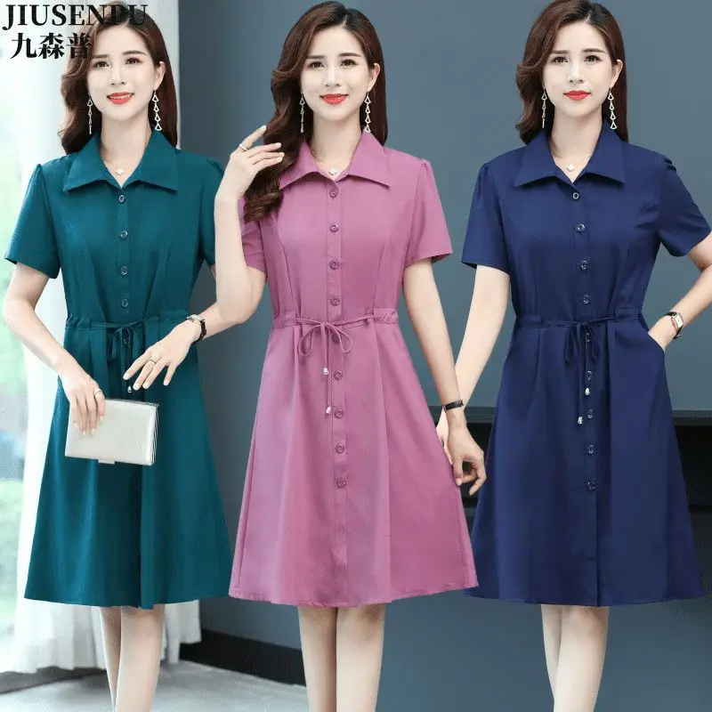 Moms's dress WOMEN'S new waist slimming mid-length dress WOMEN'S temperature youthful-looking comfortable summer shirt dres