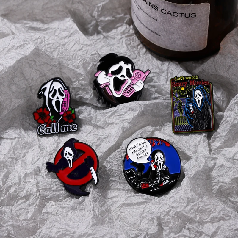 Call Me Enamel Pins What\'s Your Favorite Scary Movie Custom Brooches Lapel Badges Gothic Punk Skeleton Jewelry Gift for Friends