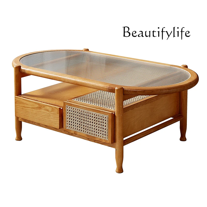 

Japanese coffee table living room household oval solid wood small apartment Changhong glass rattan homestay tea table new