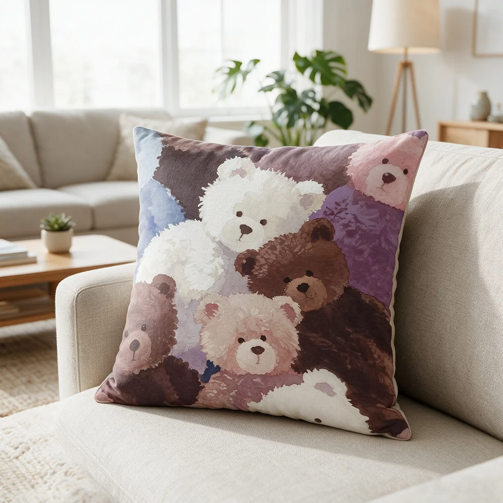 1PC Watercolor Bear Print Pillow Cover Cute Teddy Bear Stacked Head Colorful Pastel Sofa Couch Bedroom Kids Room Home Decor Gift