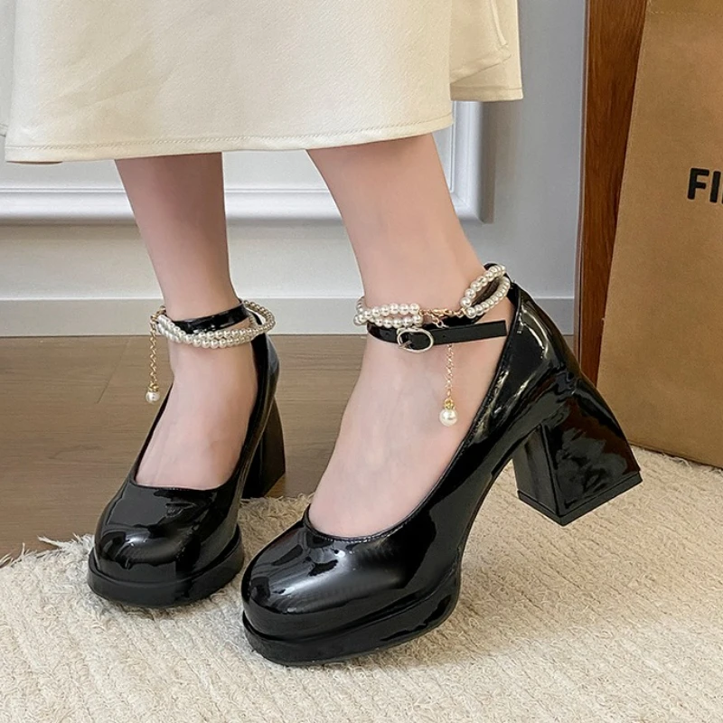 

High Heels Shoes Women Beaded Chunky Sandals Designer 2025 Summer New Lolita Marie Janes Brand Party Dress Pumps Woman Zapatos
