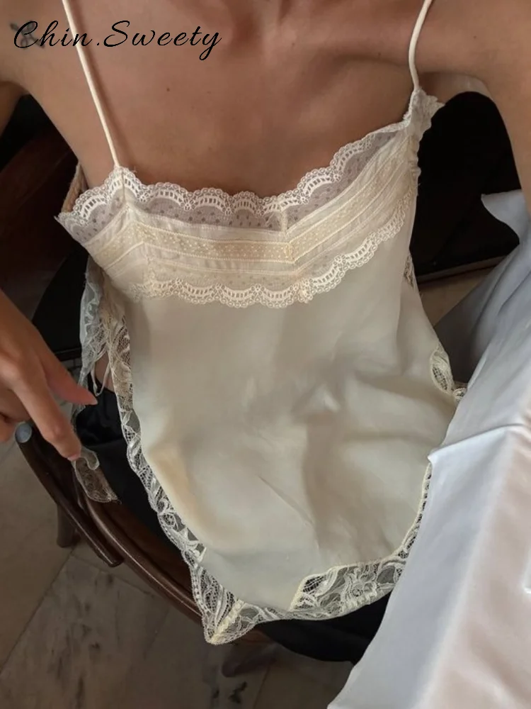 Elegant Satin Lace Patchwork Short Tank Women Loose Solid V-neck Sleeveless Mini Sling Tops 2025 Summer Lady Fashion Outwear New image 4