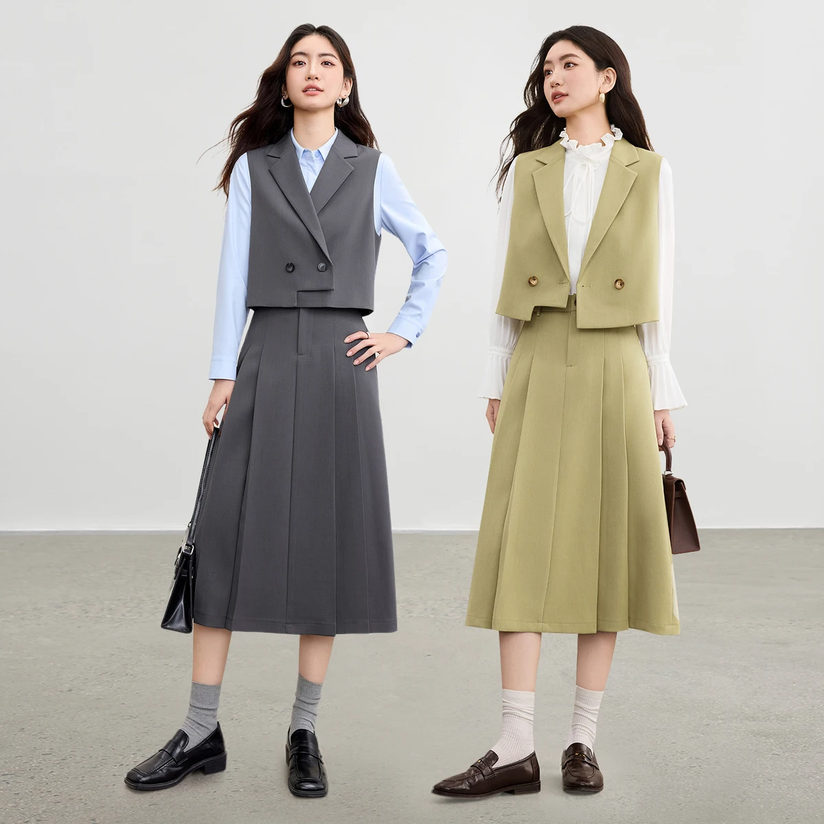 SENTUBILA Skirt Suits Solid Double Breasted Notched Lapel Asymmetrical Vest Elasticated High-Waist A-Line Pleated Skirt153ZA2894