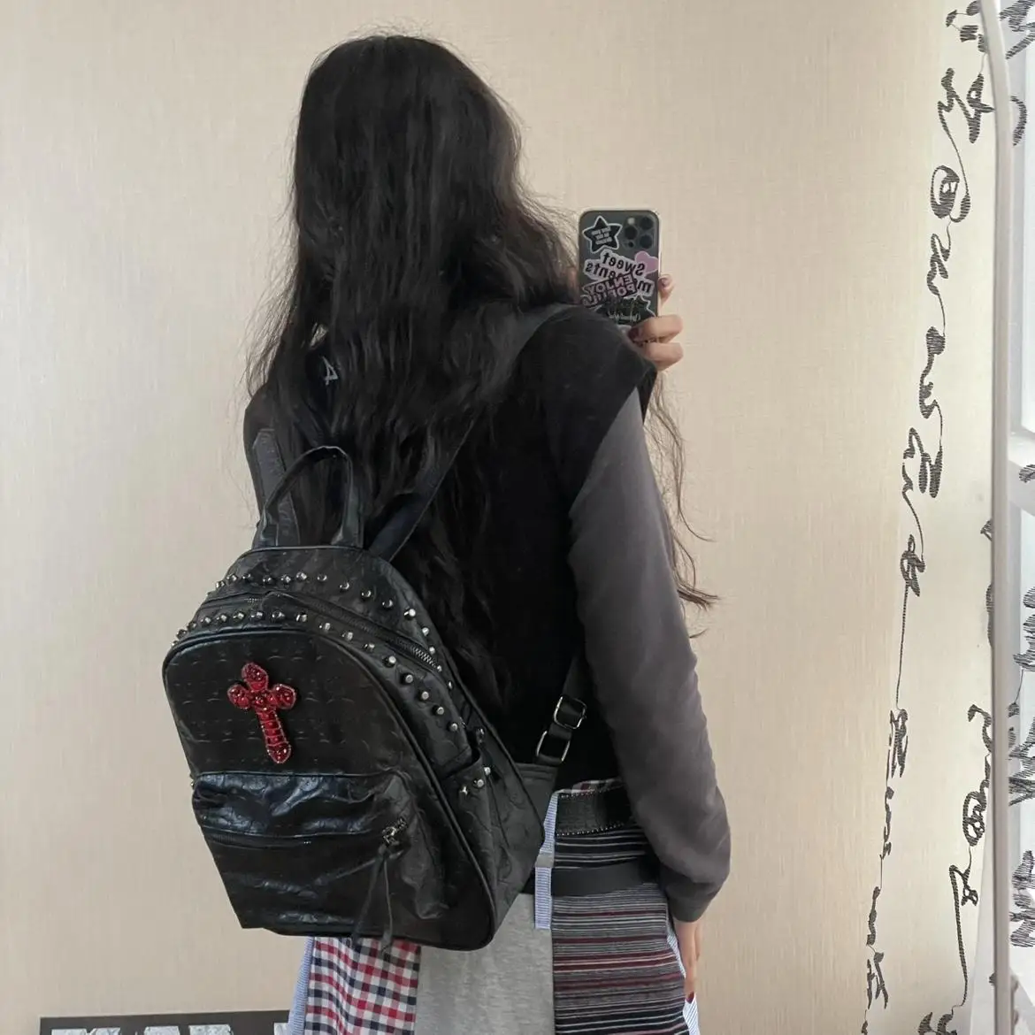 Original Designed Cross Punk Skull Rivet Small Backpack Versatile Retro Women's Bag School Backpack