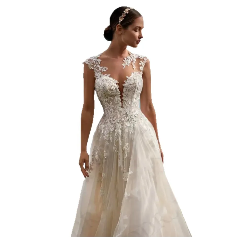Винтажное свадебное платье трапециевидной формы с прозрачным вырезом и кружевной аппликацией, иллюзия на пуговицах сзади, свадебные платья невесты в стиле бохо, Vestidos De Noiva