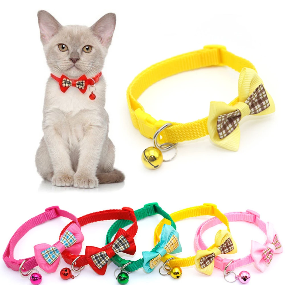 1Pcs Plaid Print Puppy Dogs Adjustable Bow Tie Nylon Collar Pet Supplies Ornament Cat Kitten Decoration Accessories With Bell