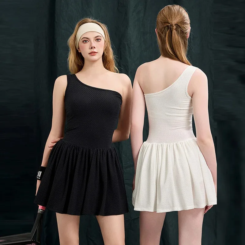 SharpStar New Women'S Tennis Dress One Shoulder Pleated Sleeveless Dress With Shorts Slim Yoga Workout Golf Dress With Chest Pad