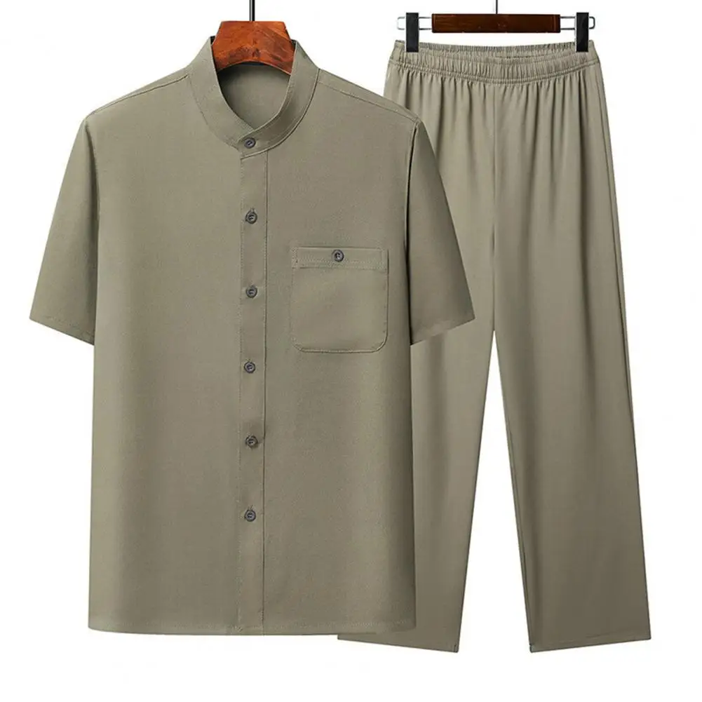 2025 Men Suit Summer Two-piece Shirt Pants Set Short Sleeved Men's Stand Up Collar Shirt Long Pants Set Retro Casual Suit