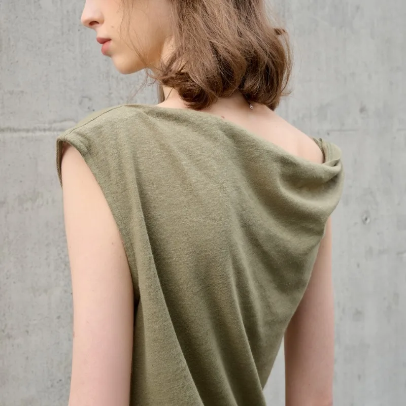 الفرنسية الكتان القطن غير النظامية واحدة الكتف تي شيرت للنساء الصيف بلا أكمام موضة جديدة غير رسمية شارع العليا مكتب سيدة القمم