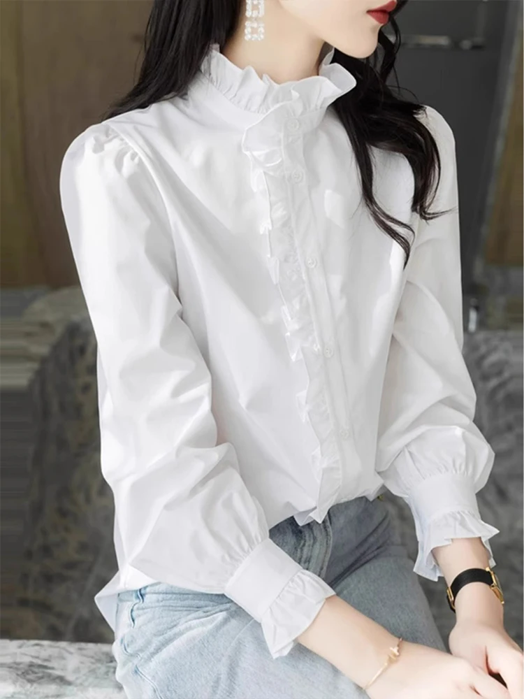

Pure Color Shirt Collar Lace Trim Long Sleeve Inner Wear Versatile Slimming Design Women's Fashion Spring New Style Top
