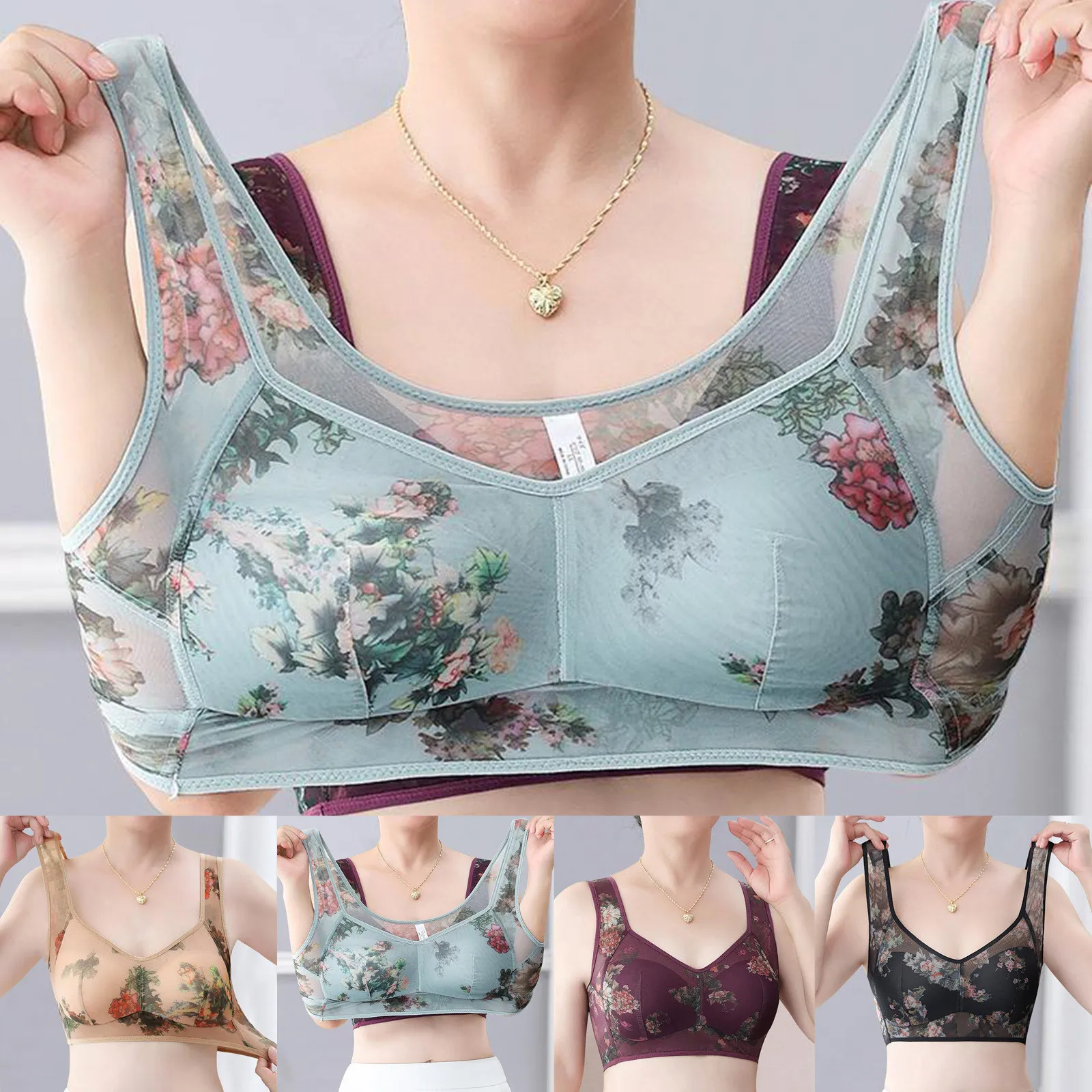 Women Soft Bra Elastic Shoulder Strap See-through Lace Brasier Wireless Plus Size Push-up Sport Yoga Daily Lady Bra 레이스 브라