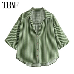 TRAF 2024 Striped Oversized Shirt Women Collar Button up Shirts for Women Short Sleeve Shirts and Blouses Woman Summer Beach Top