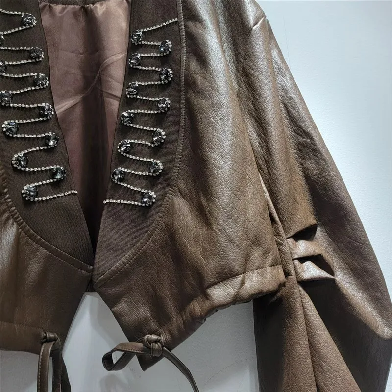 여성용 2025 가을 신상 패션 라인스톤 장식 코트 여성용 솔리드 컬러 인조 가죽 재킷 루즈 롱 슬리브 재킷