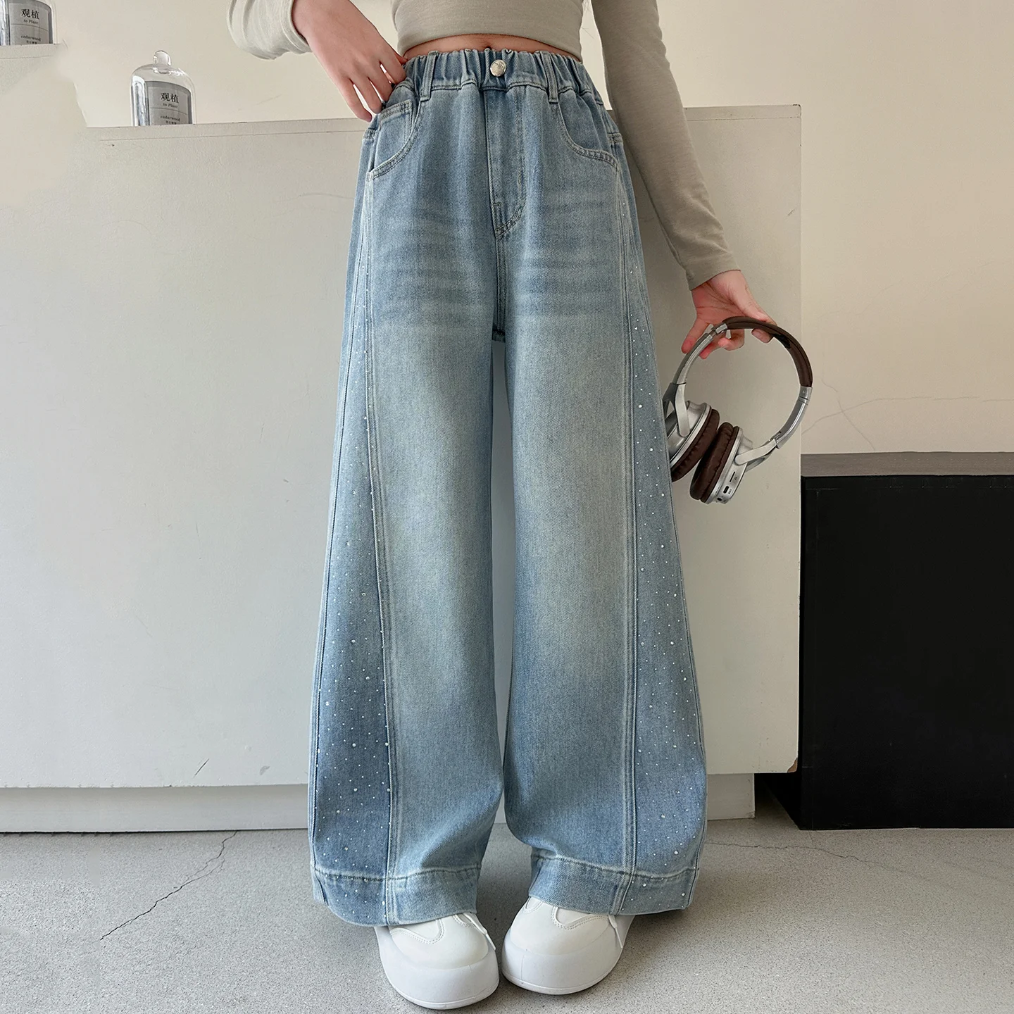 Teenage Girls Pants Fashion Spliced Design Floor Jeans Trousers Kids Wide-leg Denim Pants for 5 7 9 11 13 Years Children Bottoms