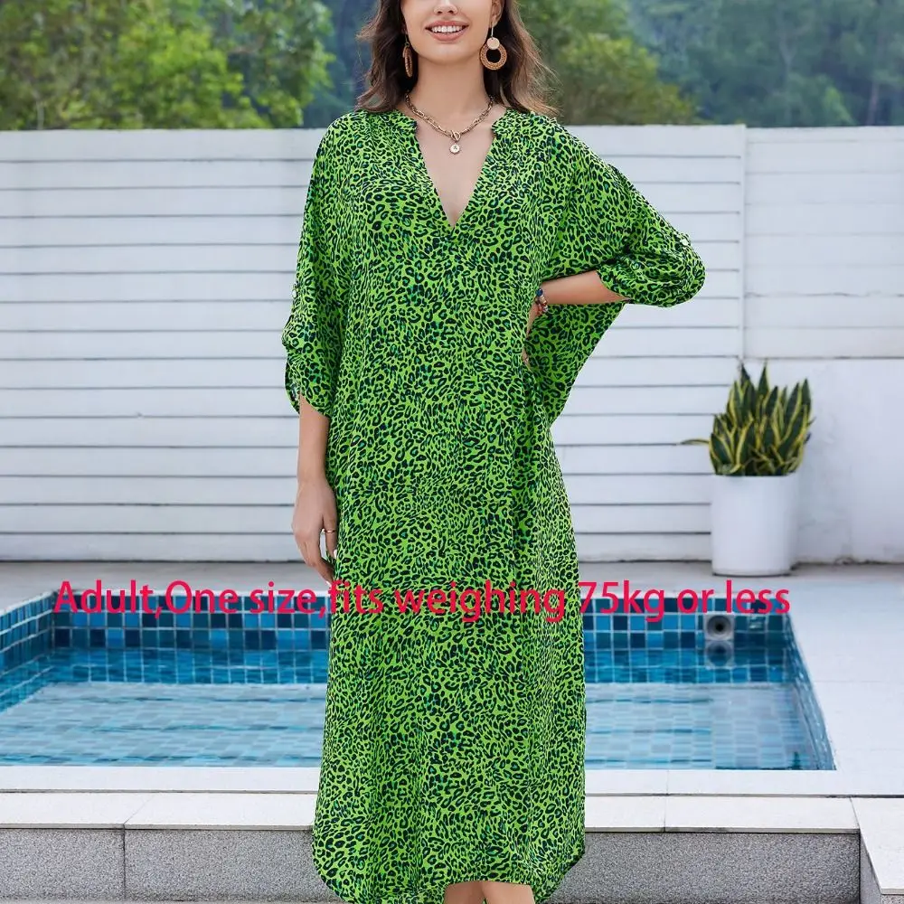 Beach V-Neck Summer Sunscreen Smock Long Loose Swimsuit Cover Up Dress Bathing Suit Casual Bikini Cover-Ups for Women