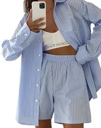 Casual Sportswear Striped Women's Two-piece Long-sleeved Striped Shirt Top High-waisted Loose Shorts Pant Sets