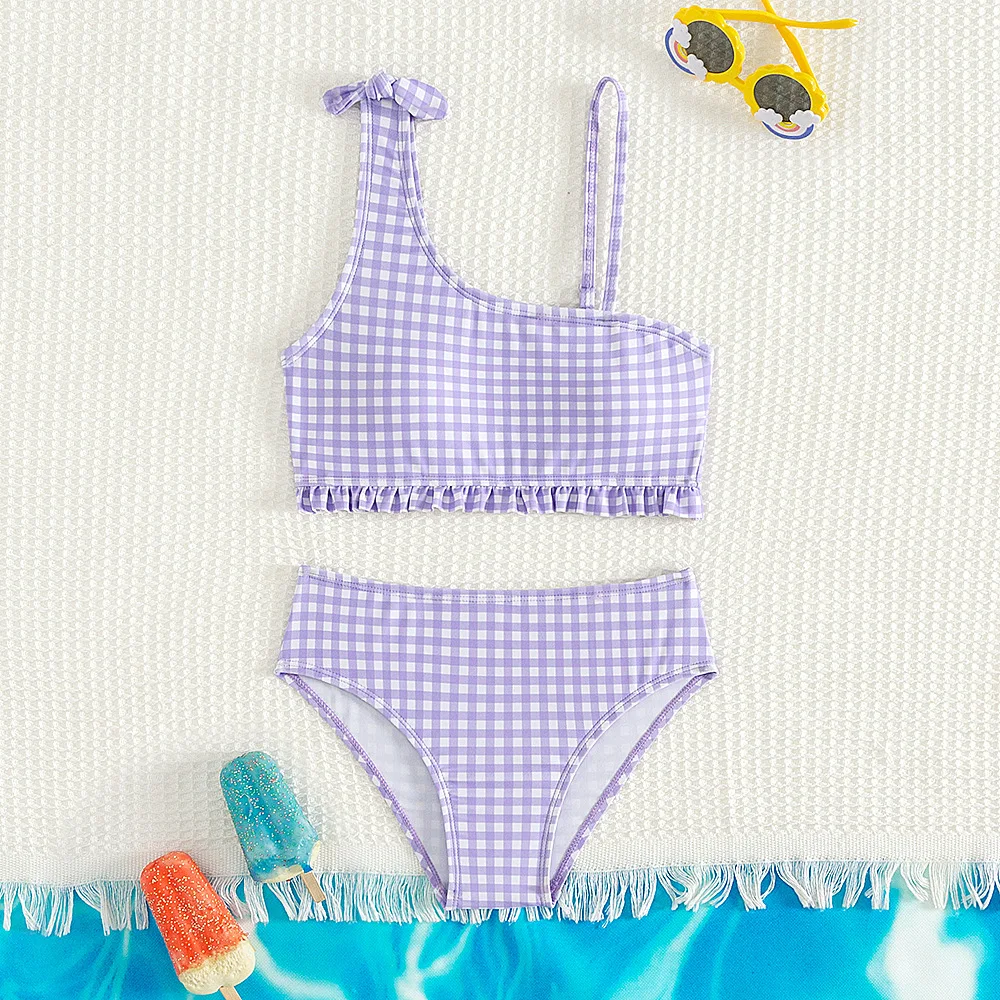 New Summer Kids Split Swimsuit for Girls Bikini Sets 5-14 Years High Waist Purple Plaid Girl Swimwear Bathing Suit