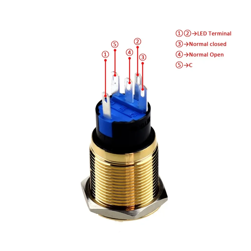 19mm Self Lock Momentary Gold Plated Brass  Push Button Light Switch 12V 24v 224V Blue Red Lamp