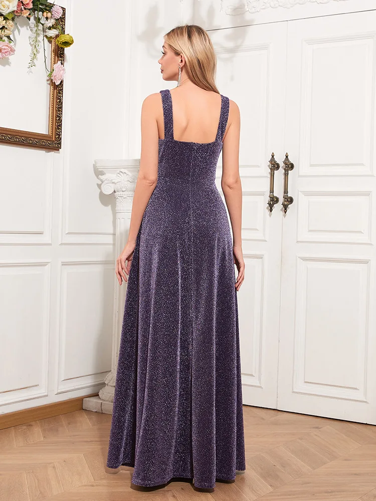 European and American Women V-neck U Back Purple Formal Evening Dress A- line Side Slit Shiny Silver String Long Party Prom Maxi