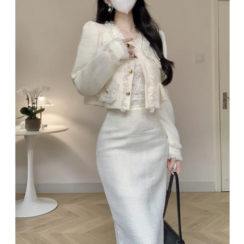 Korean Fashion Elegant Luxury Two-piece Skirt Sets Women Crop Jacket Coat Bodycon Midi Skirt Autumn Winter New Female Outfits