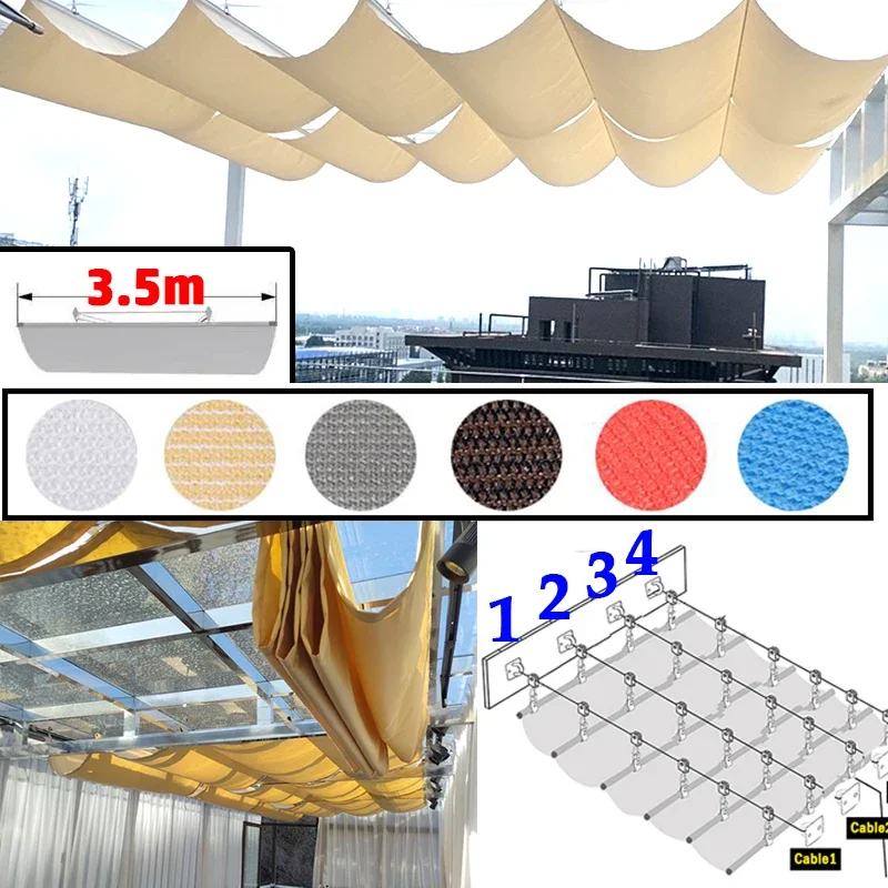 Width 3.5m Telescopic Wave Sunshade Sail Outdoor Pergola Retractable Sun Shade Net With Installation Kit Swimming Pool Awning