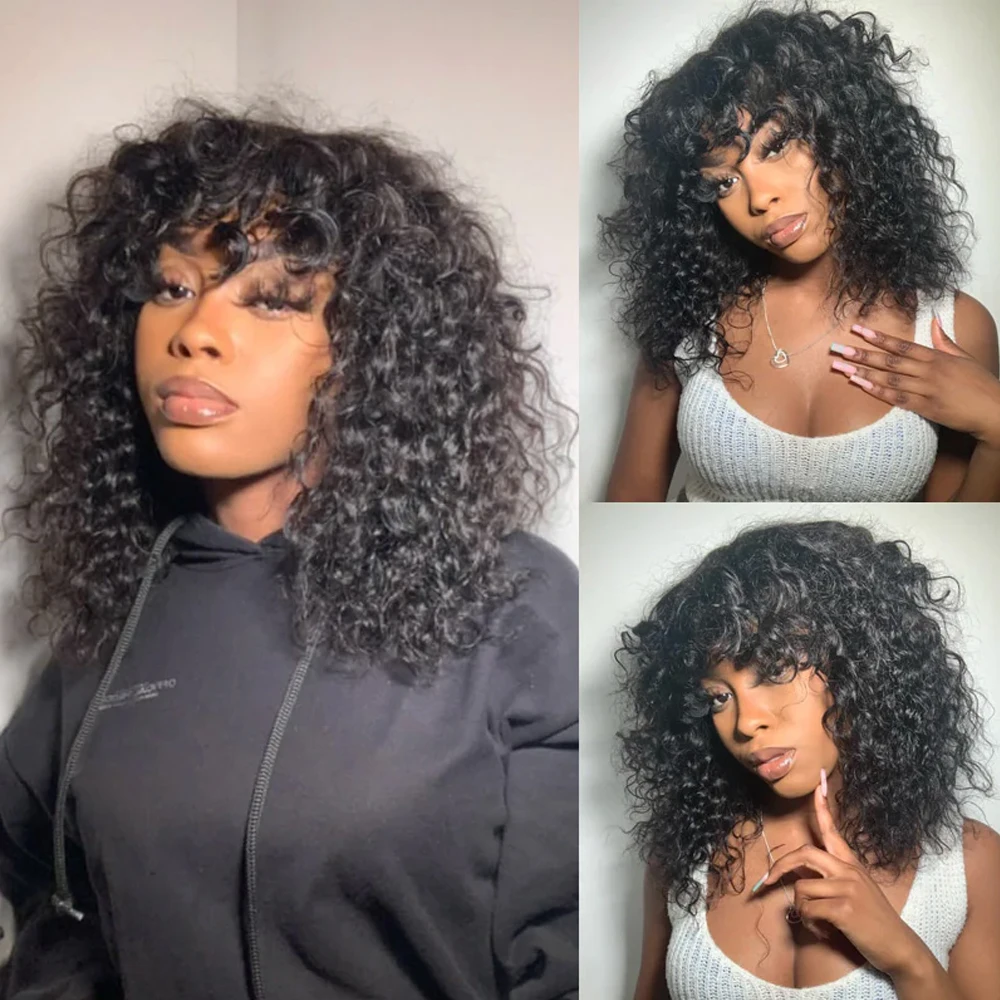 Glueless Human Hair Curly Wigs With Bangs Glueless Bob Wig for Black Women 200% Density Scalp Top Wig Brazilian Human Hair