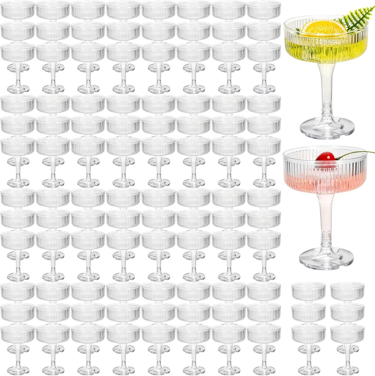 

100 Pcs Disposable Plastic Martini Glasses 7 oz Ribbed Vintage Unbreakable Cocktail Cups for Wedding Party Supplies