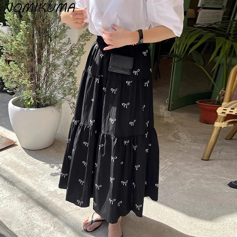 

Nomikuma Korean Chic 2024 Summer New Style Retro High Waist Slim Bow Print A-line Skirt Half Long Skirts for Women