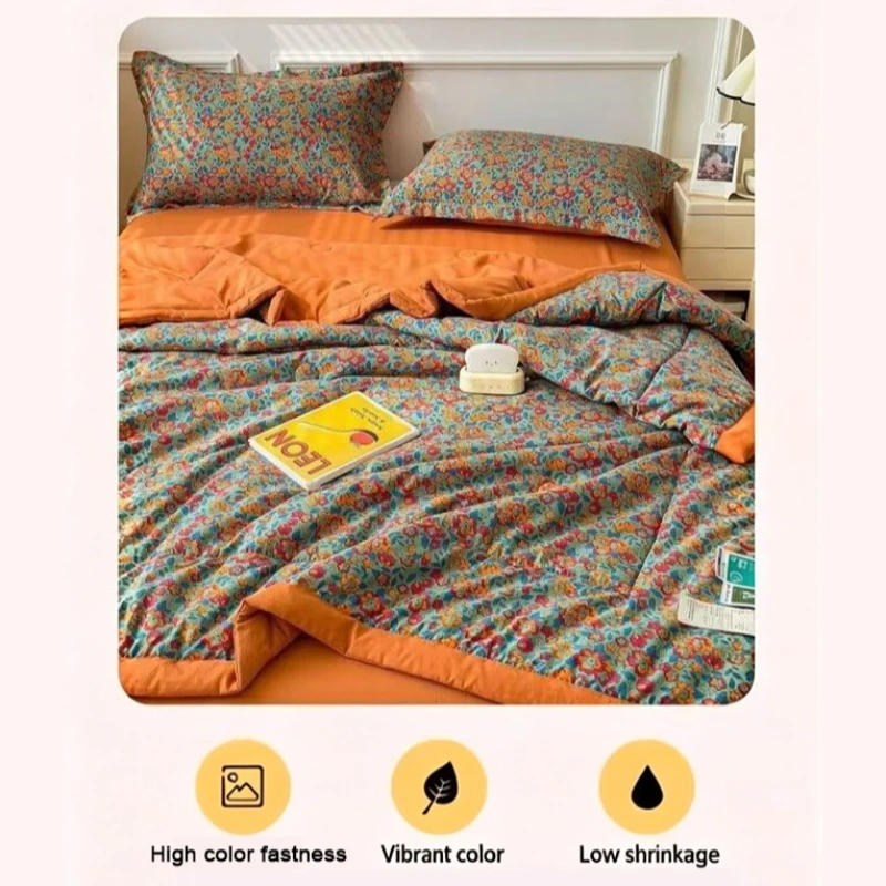 1PC Cloud Soft Summer Comforter Vintage Floral Print Cooling Blanket Skin-Friendly Washable Thin Quilt for All Season Home Decor