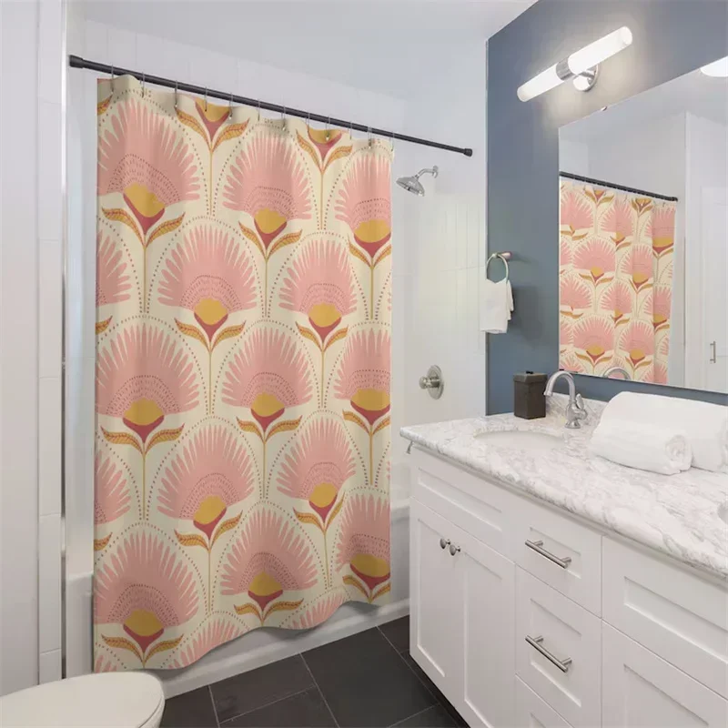 Арт-деко Douchegordijn Винтаж Badkamer Decor Geel Roze Douchegordijn Kunst Bloemenpatroon Art Nouveau Bad Decor Cadeau