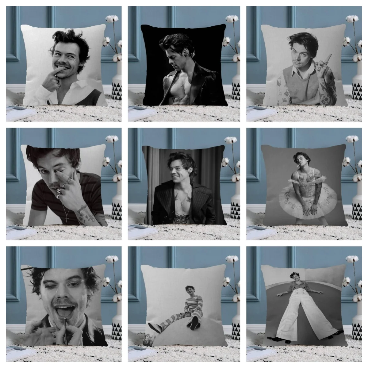 1pc Harry Styles Pillow Cover, Polyester 2D Double-Sided Print, Black & White Singer Portrait Art, Pop Star Fan Home & Car Decor