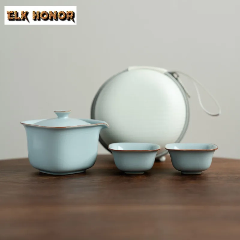 

Azure Ru Kiln Travel Tea Set Kit Handmade 1 Pot 2 Cups Tea Brewing Organizer Portable Picnic Stock Bags Tea Items Accessories