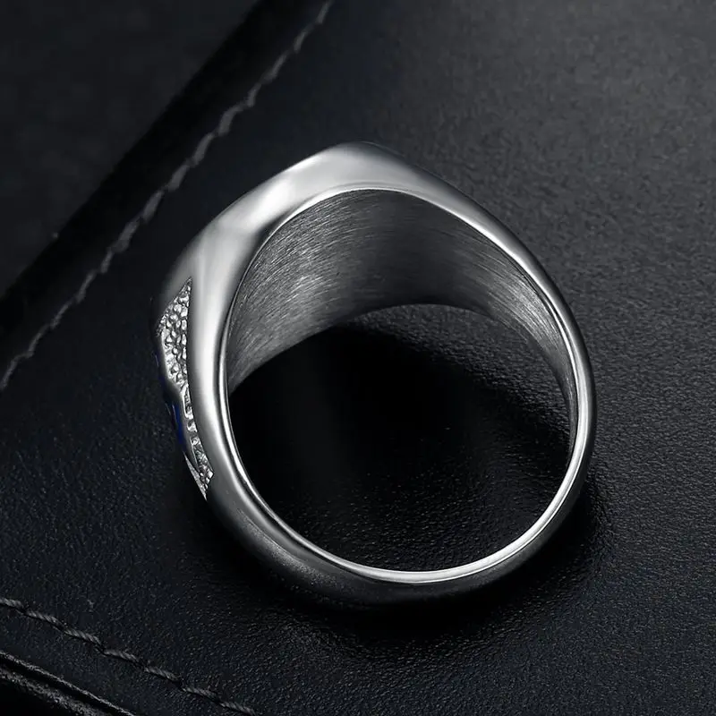 Men's Stainless Steel Hip-Hop Style Ring Vacuum Gold-Plated Blue Glue Freemason AG Fashion Jewelry Accessory