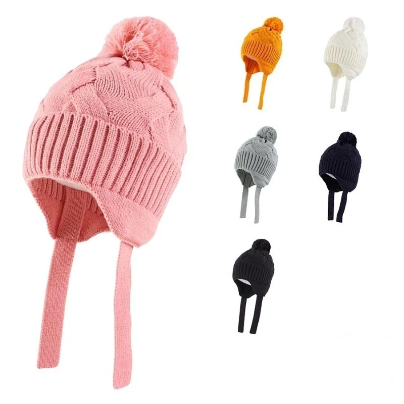 محبوك قبعة الطفل وشاح مجموعة الشتاء الدافئة الفتيات قبعة الصوف بطانة طفل أطفال القبعات مع Pompom #6