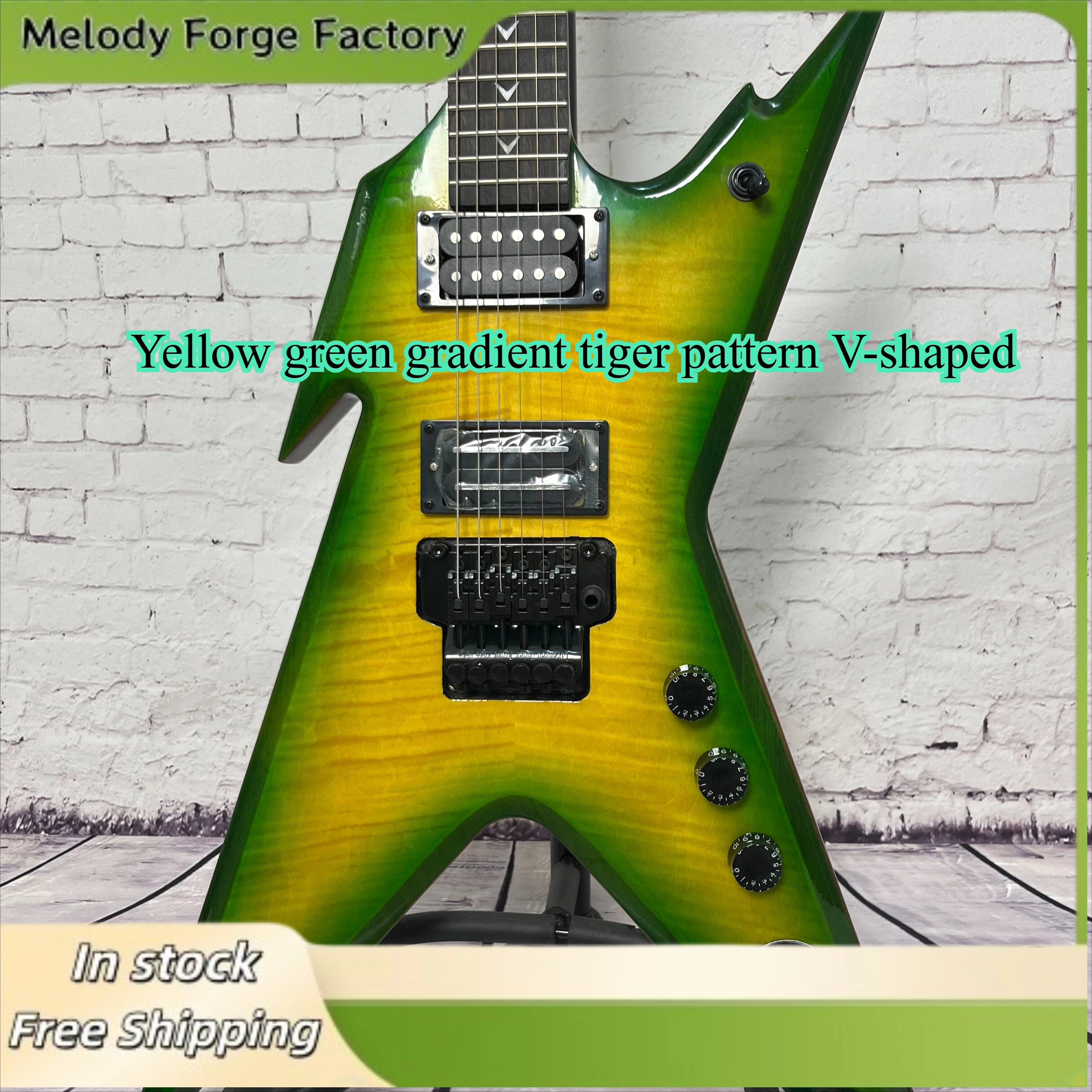 Electric Guitar Yellow Green Gradient Tiger Pattern V-shaped Rosewood Fingerboard Mahogany Body V-shaped Shell Product Record