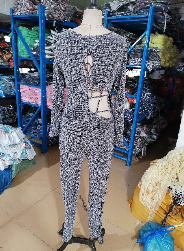 CPSYMYM Women Sexy Night Out Jumpsuit Summer Autumn Latest Allover Print Lace-Up Side Long Sleeve Romper Scoop Neck Skinny B