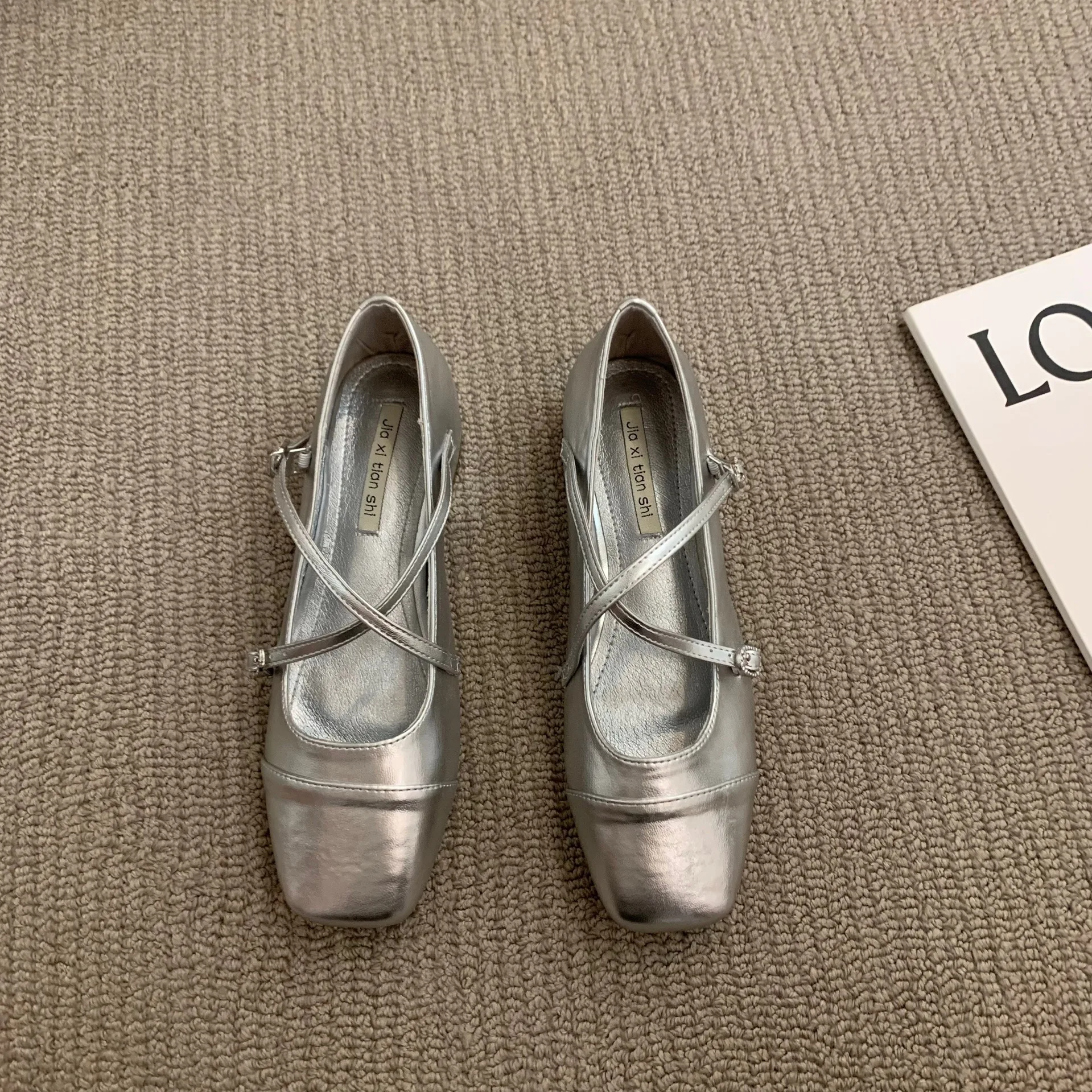 Thick Low Heels Women Pumps Cross Silver Mary Jane Square Toe Single Shoe Women\'s 2023 New Spring Solid Casual Buckle Loafers