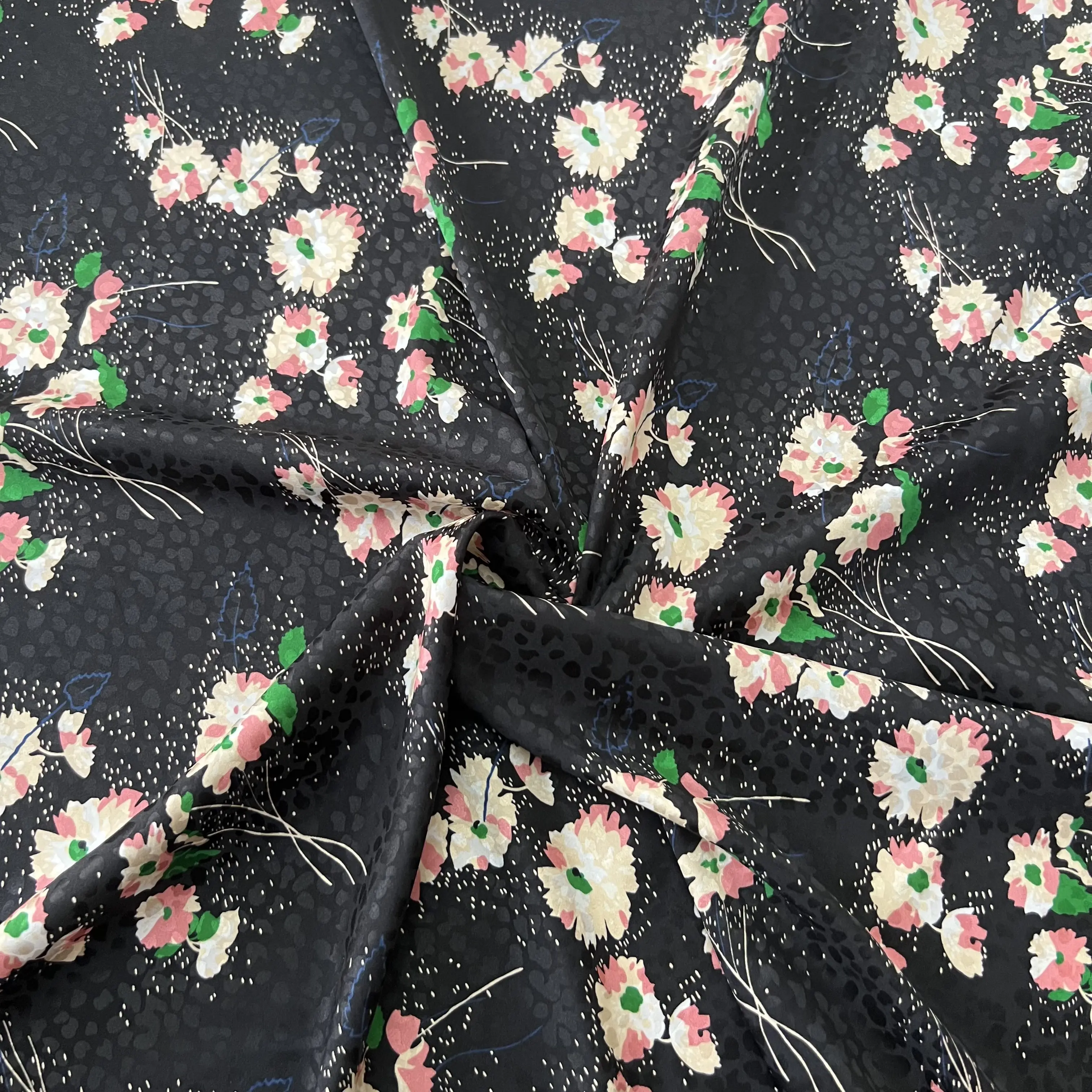 

1 meter 95% Mulberry Silk 5% Spandex 20 momme Jacquard Silk Fabric Black Cute Flower Printed 140cm 55" wide by the yard XX348