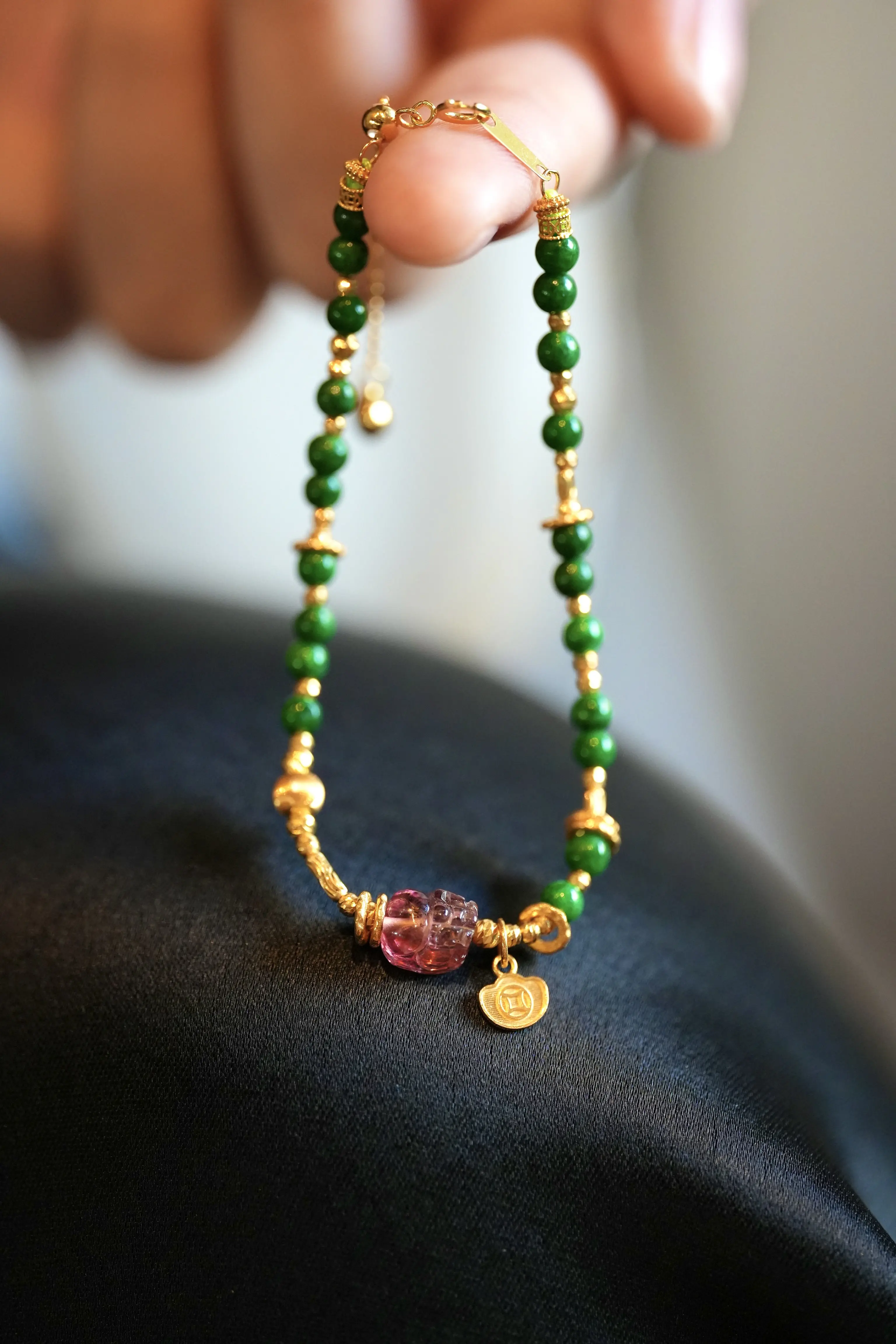 Natural Intense Green Jade Full Color Rice Bead Bracelet, Pink Purple Flawless Pi Xiu, 18K Gold Accent Luxury Jewelry Gift
