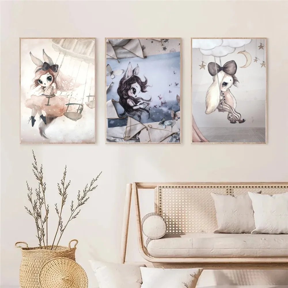 1pc Mrs M-Mighetto Vintage Princess Bunny Self-adhesive Art Poster Waterproof Paper Sticker Coffee House Bar Room Wall Decor