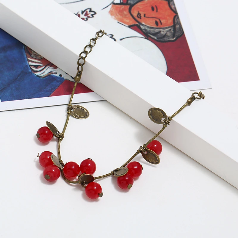 Sweet Cherry Girls Bracelets Antique Color Chain Coin Pendants Female Bangle Vintage Boho Bracelets Summer pulseras mujer