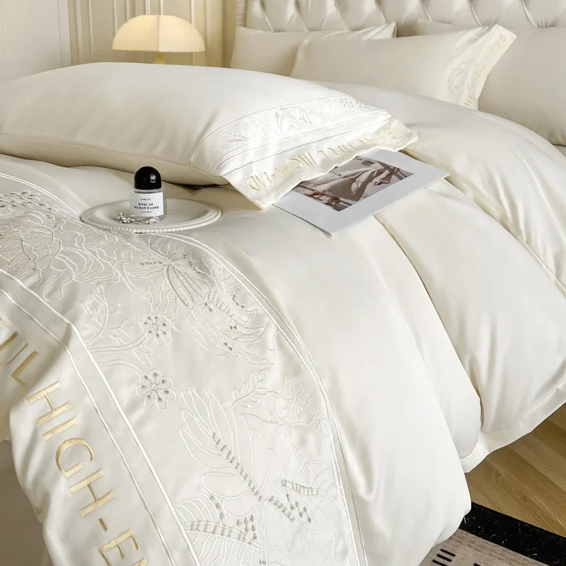 

Solid Ice Silk Embroidery Summer Bedding Sets Rayon Silky Cooling Duvet Cover Set Cozy Skin-Friendly Fashion Bedclothes for Home