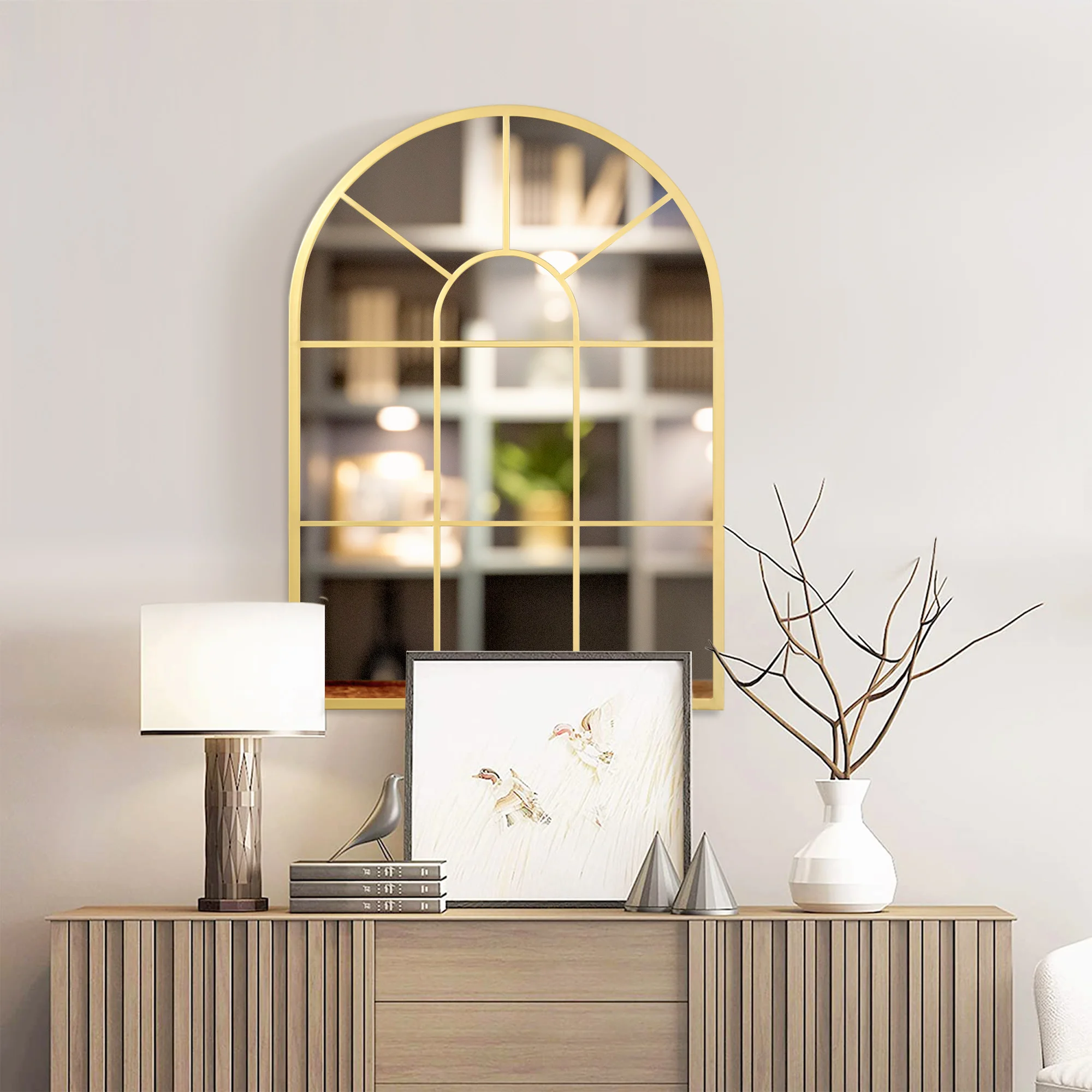 HOMCOM Gekromde Wandspiegel 70x50 cm, Industriële stijl Gewelfde Decoratieve spiegel, Glibé Raam met Metalen frame, lous