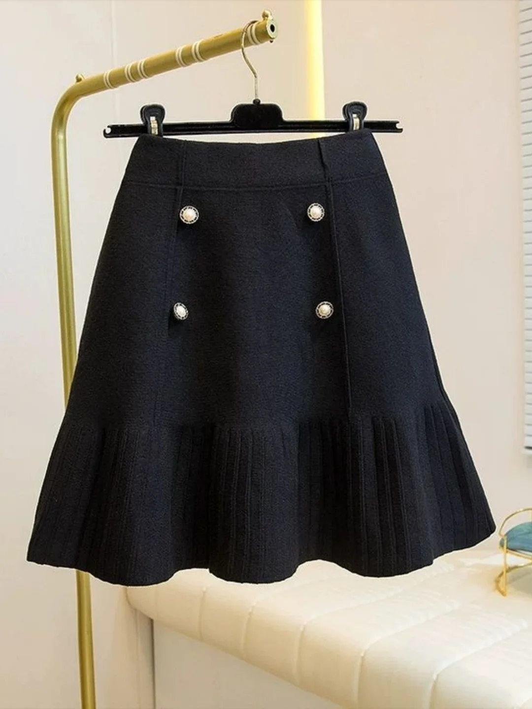 plus Size Button Design Half Skirt High Waist A-Line Knitted Dress for Heavy Women Early Autumn Fashionable Layered Wear