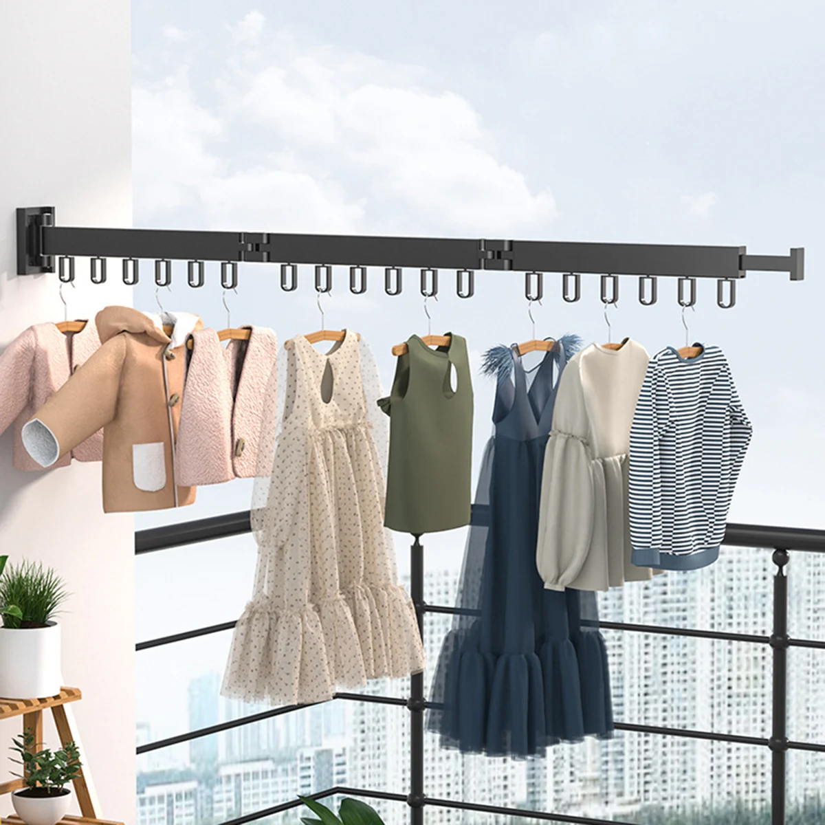 Folding Clothes Hanger Wall Mount Retractable Cloth Drying Rack Indoor & Outdoor Space Saving Home Laundry Clothesline