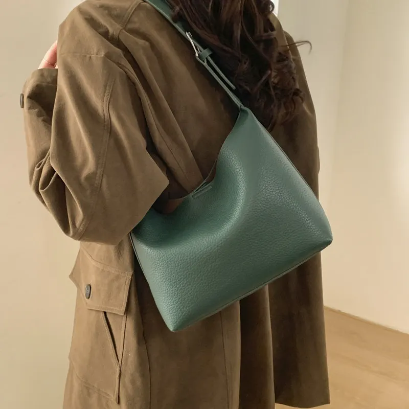 Elegant Green PU One Shoulder Bag for Women New Large Capacity Litchi Pattern Handbags Temperament Commuter Crossbody Pouch