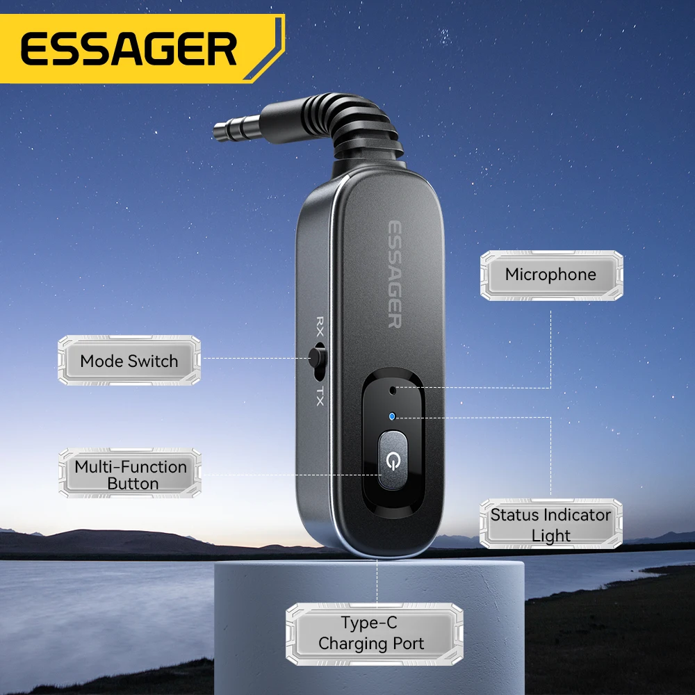 Essager pemancar penerima Audio Bluetooth 5.1, adaptor nirkabel dengan Mic Stereo musik 3.5MM 3.5 AUX untuk Speaker Mobil PC TV