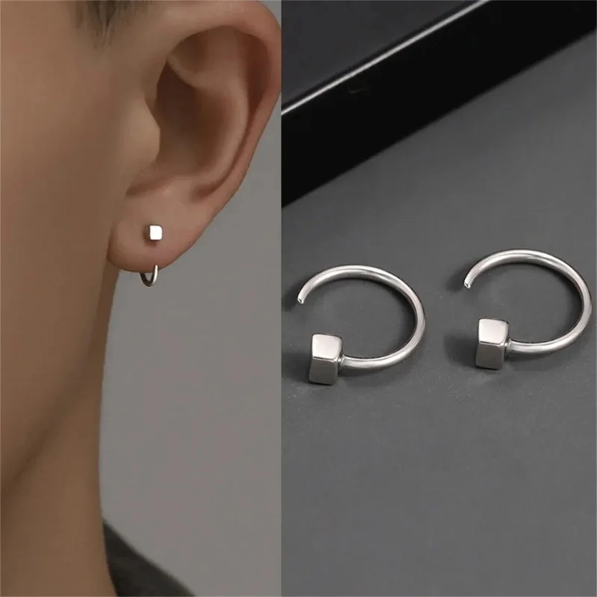 2pcs Vintage Minimalist Square Stud Earrings for Teens,Stainless Steel Tragus Cartilage Helix Ear Piercing Jewelry